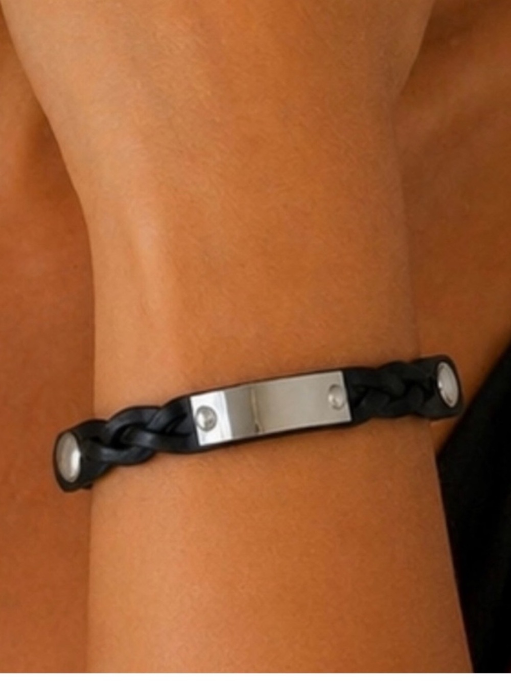 Plunder Design Black Braided Leather Snap Bracelet. Silver ID Tag New in Package